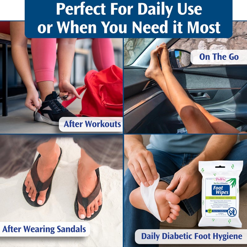 PediFix Tea Tree Ultimates Foot Wipes - Natural Deodorizing & Cleansing with Tea Tree Oil, Peppermint & Aloe Vera for Odor & Sweat Relief - Image 3